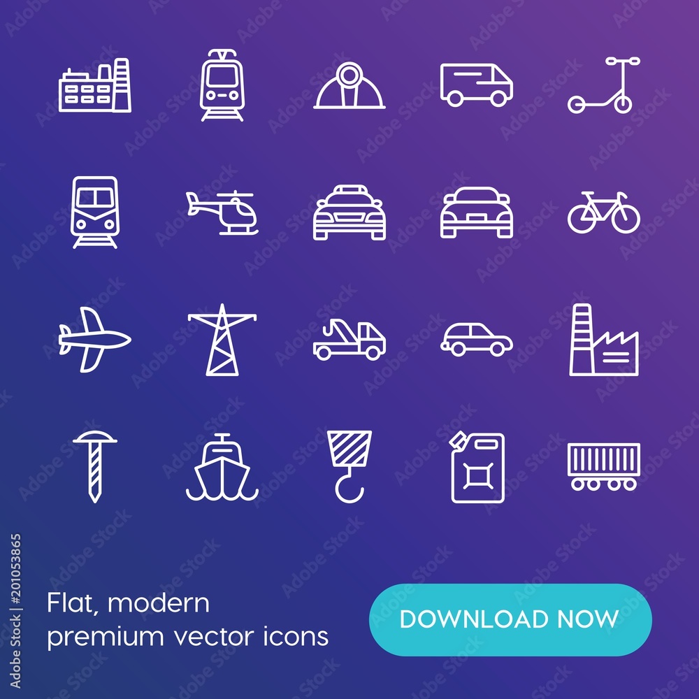 Poster modern simple set of transports, industry vector outline icons. ..contains such icons as screw, truc