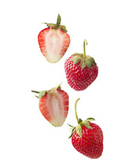 Isolated strawberry. Set of strawberries isolated on white cut out. Collage of strawberries. Sliced strawberries on white background. Collection of whole strawberries and halves isolated 
