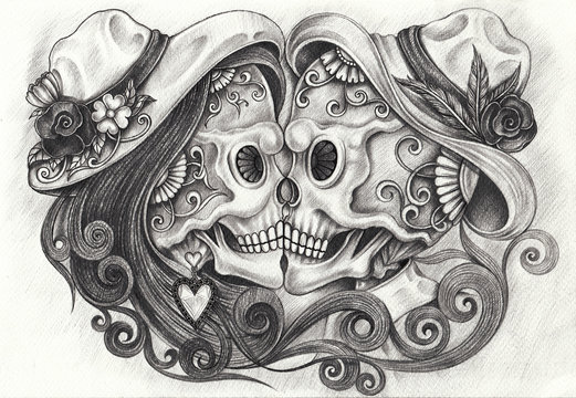 Sugar skull couple love day of the dead.design by hand pencil drawing on paper.