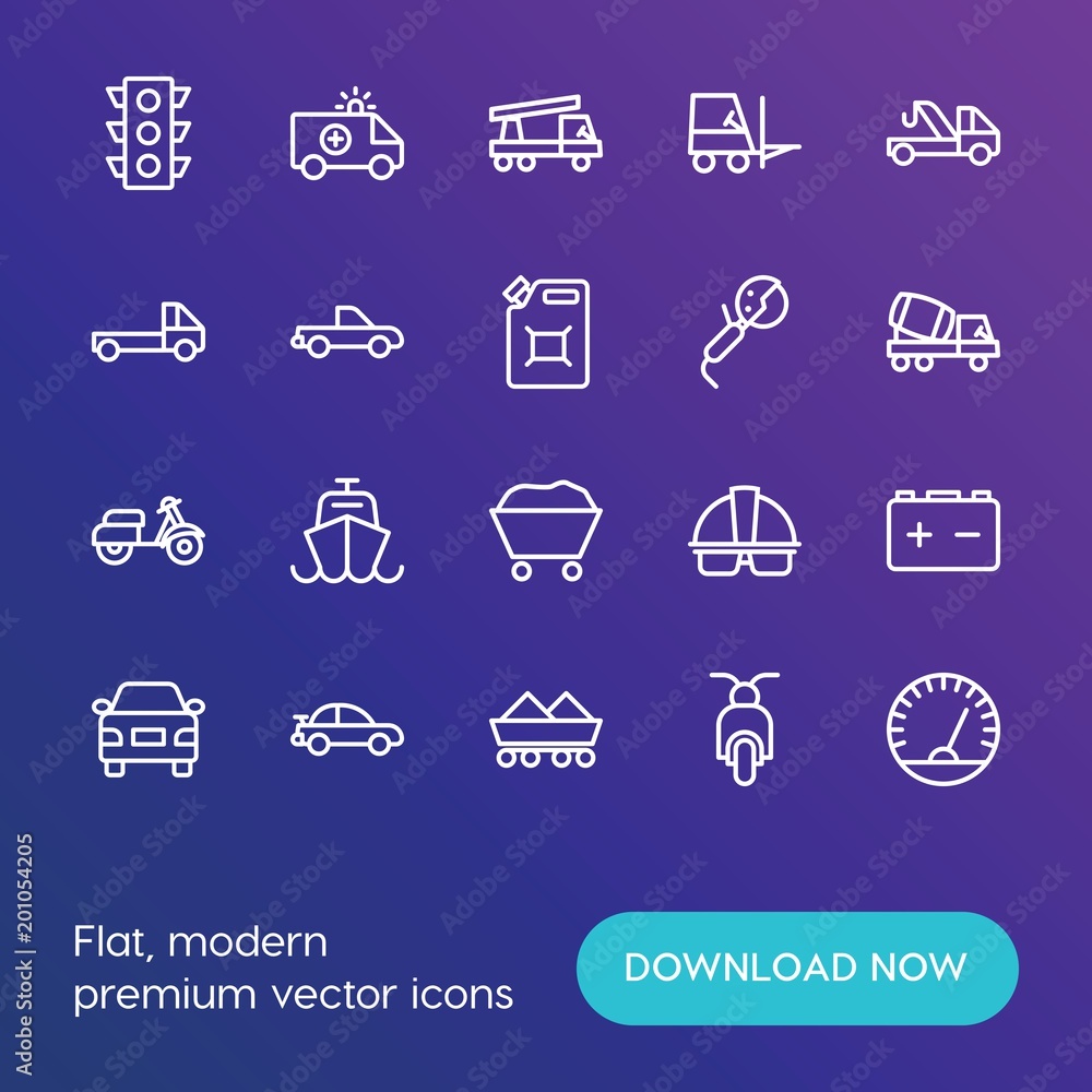 Poster modern simple set of transports, industry vector outline icons. ..contains such icons as work, stop,