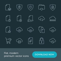 Modern Simple Set of cloud and networking, security, files Vector outline Icons. ..Contains such Icons as  clip,  symbol,  question,  unlock and more on dark background. Fully Editable. Pixel Perfect.