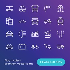 Modern Simple Set of transports, industry Vector outline Icons. ..Contains such Icons as  front,  repair,  cycle,  cargo, ocean,  oil and more on gradient background. Fully Editable. Pixel Perfect.