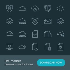 Modern Simple Set of cloud and networking, security, files Vector outline Icons. ..Contains such Icons as shield,  white,  storage,  auto and more on dark background. Fully Editable. Pixel Perfect.