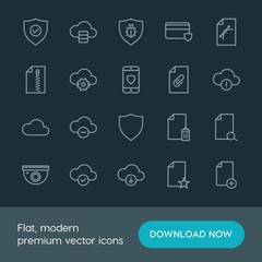 Modern Simple Set of cloud and networking, security, files Vector outline Icons. ..Contains such Icons as add,  credit,  word,  data, data and more on dark background. Fully Editable. Pixel Perfect.