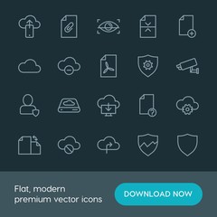 Modern Simple Set of cloud and networking, security, files Vector outline Icons. ..Contains such Icons as  technology,  rotation, security and more on dark background. Fully Editable. Pixel Perfect.