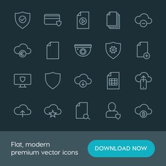 Modern Simple Set of cloud and networking, security, files Vector outline Icons. ..Contains such Icons as money,  credit,  document,  search and more on dark background. Fully Editable. Pixel Perfect.