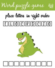 Obraz premium Words puzzle game with crocodile. Place the letters in right order. Learning vocabulary. Educational game for children