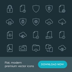 Modern Simple Set of cloud and networking, security, files Vector outline Icons. ..Contains such Icons as  copy,  technology, money,  file and more on dark background. Fully Editable. Pixel Perfect.