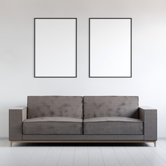 Mockup poster in the interior with sofa, 3D render