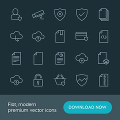 Modern Simple Set of cloud and networking, security, files Vector outline Icons. ..Contains such Icons as business,  safe,  office,  upload and more on dark background. Fully Editable. Pixel Perfect.