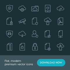 Modern Simple Set of cloud and networking, security, files Vector outline Icons. ..Contains such Icons as  surveillance,  publish,  folder and more on dark background. Fully Editable. Pixel Perfect.