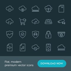 Modern Simple Set of cloud and networking, security, files Vector outline Icons. ..Contains such Icons as bitcoin,  update,  cctv,  safety and more on dark background. Fully Editable. Pixel Perfect.