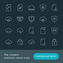 Modern Simple Set of cloud and networking, security, files Vector outline Icons. ..Contains such Icons as data, car, shield,  file, upload and more on dark background. Fully Editable. Pixel Perfect.