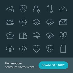 Modern Simple Set of cloud and networking, security, files Vector outline Icons. ..Contains such Icons as  design,  block,  social,  online and more on dark background. Fully Editable. Pixel Perfect.