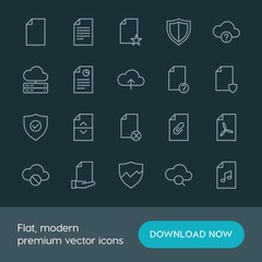 Modern Simple Set of cloud and networking, security, files Vector outline Icons. ..Contains such Icons as  document,  data,  protection and more on dark background. Fully Editable. Pixel Perfect.
