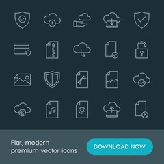 Modern Simple Set of cloud and networking, security, files Vector outline Icons. ..Contains such Icons as  file, music,  buy,  sky,  zip and more on dark background. Fully Editable. Pixel Perfect.