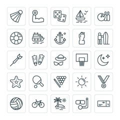 Modern Simple Set of sports, travel Vector outline Icons. ..Contains such Icons as bike, dice,  beautiful,  water,  equipment,  fitness, sun and more on white background. Fully Editable. Pixel Perfect
