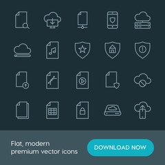Modern Simple Set of cloud and networking, security, files Vector outline Icons. ..Contains such Icons as  document,  block,  background and more on dark background. Fully Editable. Pixel Perfect.