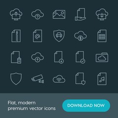 Modern Simple Set of cloud and networking, security, files Vector outline Icons. ..Contains such Icons as  protection,  mark,  security, car and more on dark background. Fully Editable. Pixel Perfect.