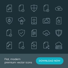 Modern Simple Set of cloud and networking, security, files Vector outline Icons. ..Contains such Icons as  delete, office, upload,  computer and more on dark background. Fully Editable. Pixel Perfect.