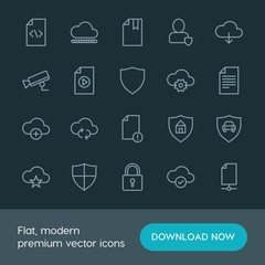 Modern Simple Set of cloud and networking, security, files Vector outline Icons. ..Contains such Icons as  system,  network,  auto,  safety and more on dark background. Fully Editable. Pixel Perfect.