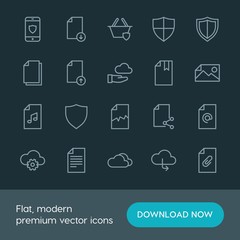 Modern Simple Set of cloud and networking, security, files Vector outline Icons. ..Contains such Icons as  safety, internet, mail,  security and more on dark background. Fully Editable. Pixel Perfect.