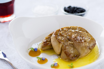 Foie Gras with Apple Sauce. Fried Goose Liver.
