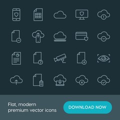 Modern Simple Set of cloud and networking, security, files Vector outline Icons. ..Contains such Icons as  sky,  business,  internet, cloud and more on dark background. Fully Editable. Pixel Perfect.