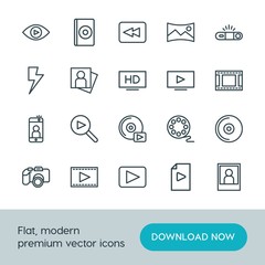Modern Simple Set of video, photos Vector outline Icons. ..Contains such Icons as disc,  document,  video,  flash,  media, technology, dvd and more on white background. Fully Editable. Pixel Perfect.