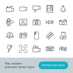 Modern Simple Set of video, photos Vector outline Icons. ..Contains such Icons as  landscape,  symbol,  button,  action,  lamp, player, hdr and more on white background. Fully Editable. Pixel Perfect.