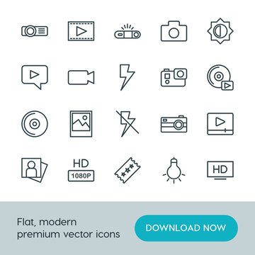 Modern Simple Set of video, photos Vector outline Icons. ..Contains such Icons as  quality,  television,  high,  button, camera, cinema, hd and more on white background. Fully Editable. Pixel Perfect.
