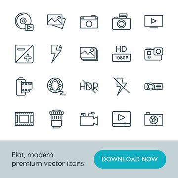 Modern Simple Set of video, photos Vector outline Icons. ..Contains such Icons as  symbol,  design,  photography,  technology,  vector,  tv and more on white background. Fully Editable. Pixel Perfect.