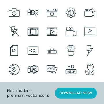 Modern Simple Set of video, photos Vector outline Icons. ..Contains such Icons as microphone, image,  video,  compact,  quality,  camera and more on white background. Fully Editable. Pixel Perfect.