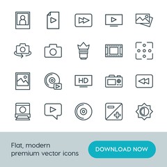 Modern Simple Set of video, photos Vector outline Icons. ..Contains such Icons as  disk, arrow,  photo, camera,  technology,  flash,  dslr and more on white background. Fully Editable. Pixel Perfect.