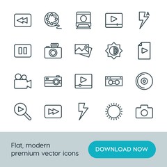 Modern Simple Set of video, photos Vector outline Icons. ..Contains such Icons as  theater,  back, sunny,  landscape,  disk, player, video and more on white background. Fully Editable. Pixel Perfect.