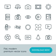 Modern Simple Set of video, photos Vector outline Icons. ..Contains such Icons as camera,  lens,  media,  travel,  background, light,  icon and more on white background. Fully Editable. Pixel Perfect.
