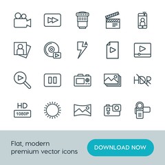 Modern Simple Set of video, photos Vector outline Icons. ..Contains such Icons as  technology,  picture,  symbol, sunny,  pause,  travel and more on white background. Fully Editable. Pixel Perfect.