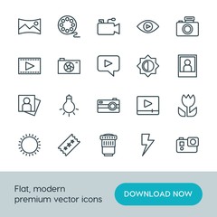 Modern Simple Set of video, photos Vector outline Icons. ..Contains such Icons as bulb,  caption, cinema, lens,  cameraman,  movie,  flash and more on white background. Fully Editable. Pixel Perfect.