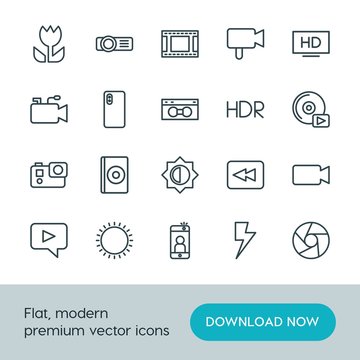 Modern Simple Set of video, photos Vector outline Icons. ..Contains such Icons as  nature,  music,  video,  sky, light,  web, camera, sunny and more on white background. Fully Editable. Pixel Perfect.