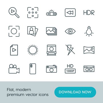 Modern Simple Set of video, photos Vector outline Icons. ..Contains such Icons as  television,  sky,  summer,  video,  panoramic,  vhs, hd and more on white background. Fully Editable. Pixel Perfect.
