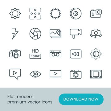 Modern Simple Set of video, photos Vector outline Icons. ..Contains such Icons as  technology, hd,  cinema,  button,  back,  bright,  light and more on white background. Fully Editable. Pixel Perfect.