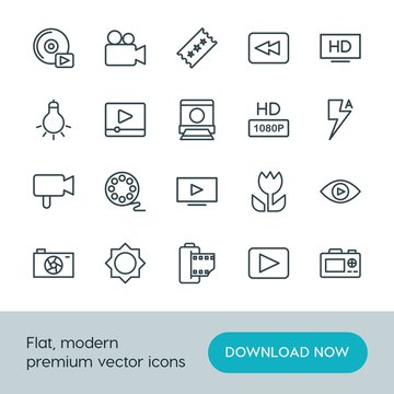 Modern Simple Set of video, photos Vector outline Icons. ..Contains such Icons as  dslr,  television, video,  tv,  back,  rewind,  web,  cd and more on white background. Fully Editable. Pixel Perfect.