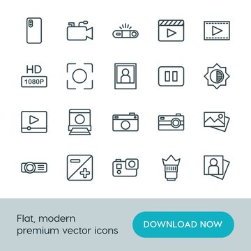 Modern Simple Set of video, photos Vector outline Icons. ..Contains such Icons as video,  projection,  space,  lens, portrait,  picture, hd and more on white background. Fully Editable. Pixel Perfect.