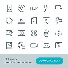 Modern Simple Set of video, photos Vector outline Icons. ..Contains such Icons as  play,  rotate,  tourism,  scenery,  panoramic, sunny and more on white background. Fully Editable. Pixel Perfect.
