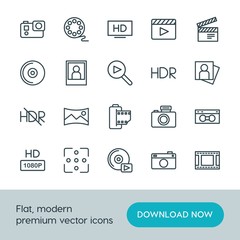 Modern Simple Set of video, photos Vector outline Icons. ..Contains such Icons as movie,  pocket,  gift,  document,  entertainment,  tv, hd and more on white background. Fully Editable. Pixel Perfect.