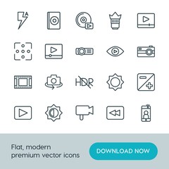 Modern Simple Set of video, photos Vector outline Icons. ..Contains such Icons as  cd,  photography,  lens,  photo,  fashion,  back, video and more on white background. Fully Editable. Pixel Perfect.