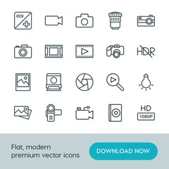 Modern Simple Set of video, photos Vector outline Icons. ..Contains such Icons as  camera,  design, camera,  internet, movie,  quality,  cd and more on white background. Fully Editable. Pixel Perfect.