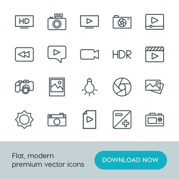 Modern Simple Set of video, photos Vector outline Icons. ..Contains such Icons as  technology,  television,  tourism,  scroll,  tv,  button and more on white background. Fully Editable. Pixel Perfect.