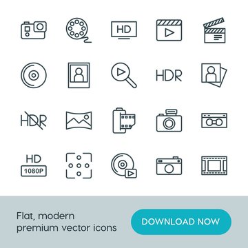 Modern Simple Set of video, photos Vector outline Icons. ..Contains such Icons as movie,  pocket,  gift,  document,  entertainment,  tv, hd and more on white background. Fully Editable. Pixel Perfect.