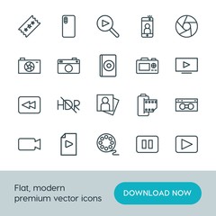 Modern Simple Set of video, photos Vector outline Icons. ..Contains such Icons as  social,  symbol,  vector,  video,  retro,  theater,  vhs and more on white background. Fully Editable. Pixel Perfect.